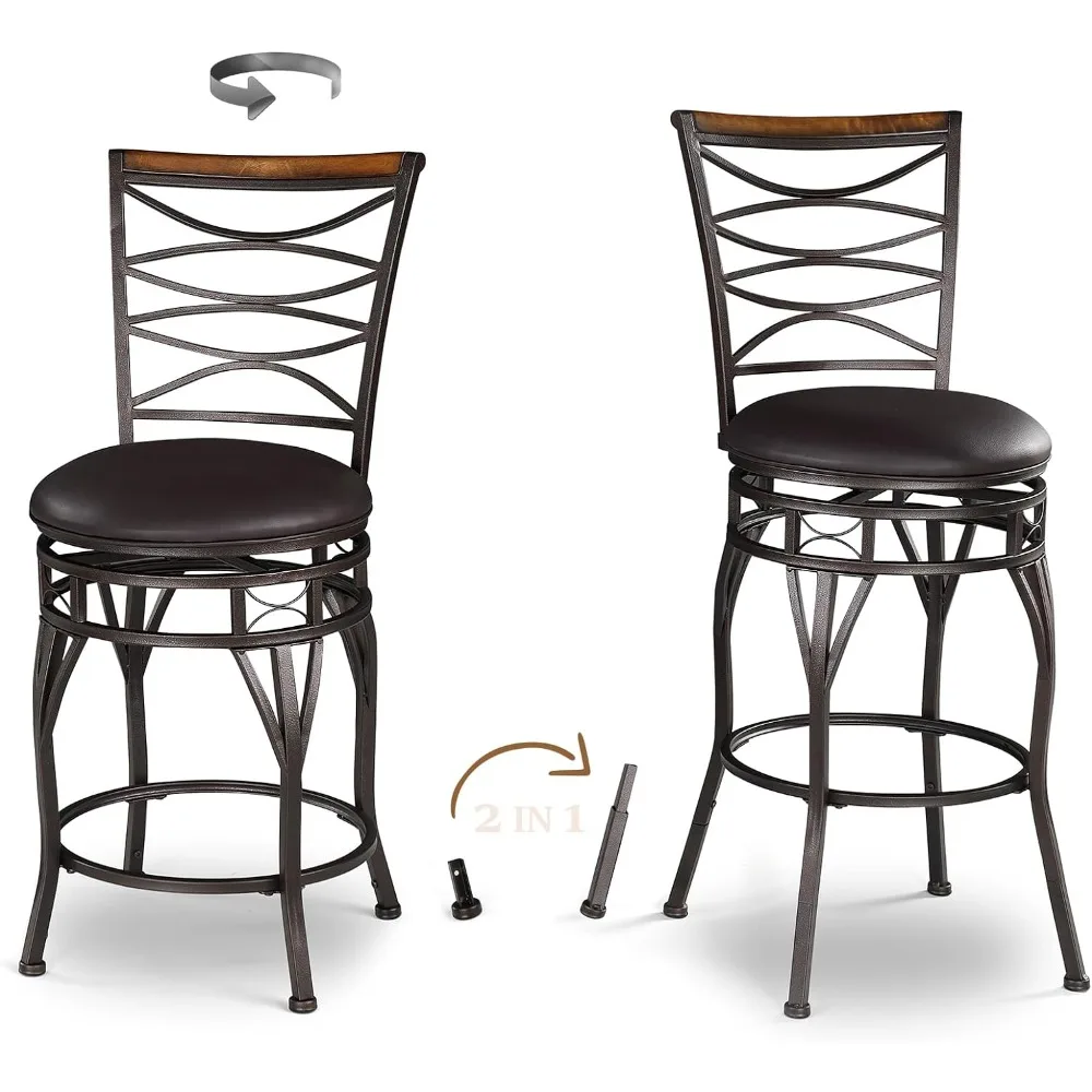 

Swivel Bar Stools Set of 2, 24/29 Inch Adjustable Seat Height Bar Stool with Back, PU Leather Kitchen Island Stools for Pub,