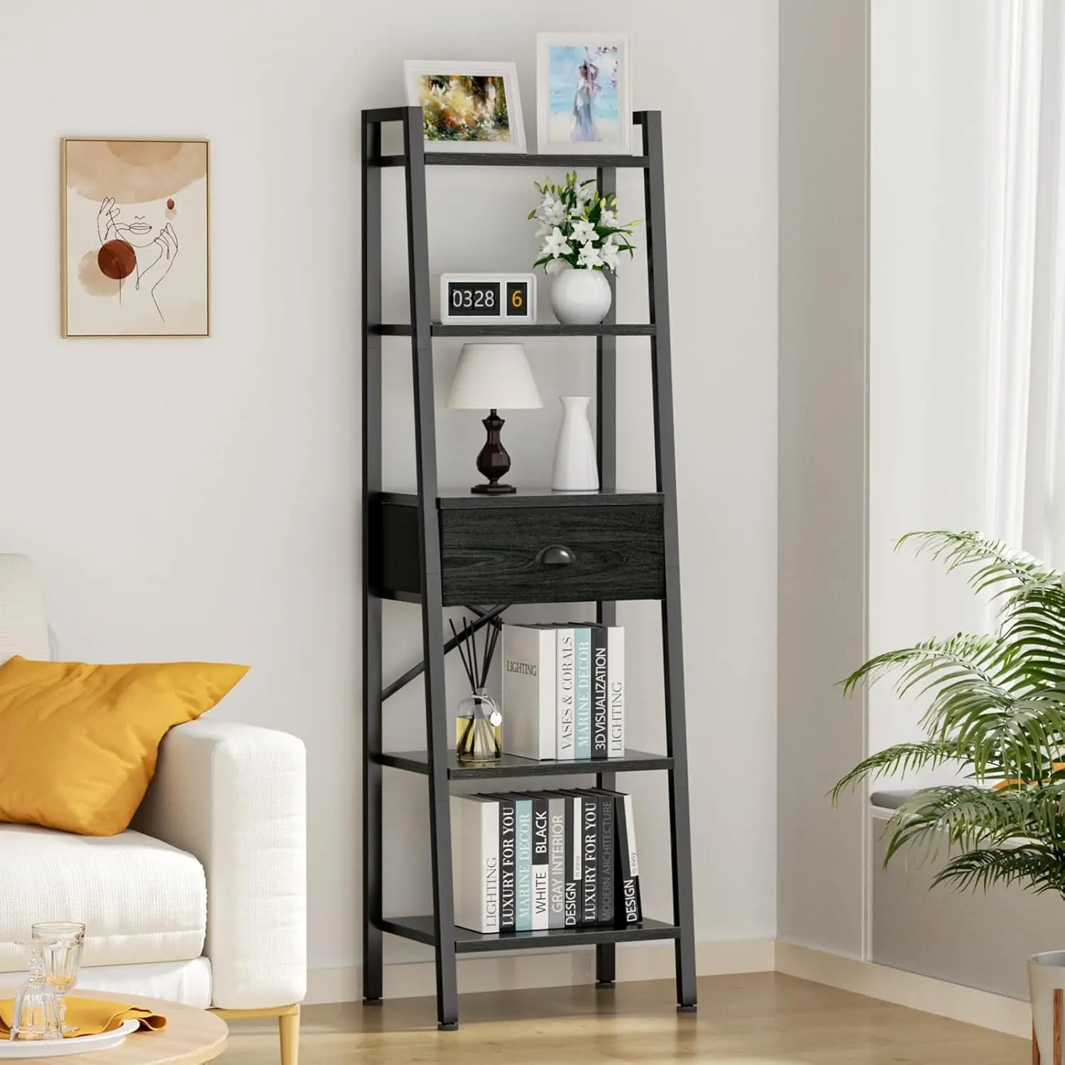 5 Tier Bookshelf. Ladder Shelf with Drawer. Tall Narrow Bookcase. Industrial Style. Black Oak.