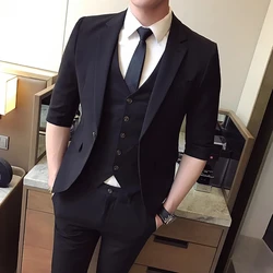 Boutique (Blazer+ Vest + Pants) Men's Fashion British Style Work Wedding Casual Mid-sleeve Short Sleeve Elegant Gentleman's Suit