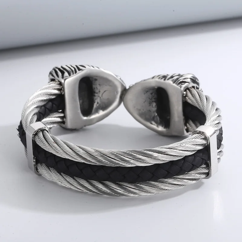 Fongten Punk Cuff Bracelet For Men Double Lion Head Stainless Steel Three Layer Twisted Cable Cool Male Bangles Bracelet Jewelry