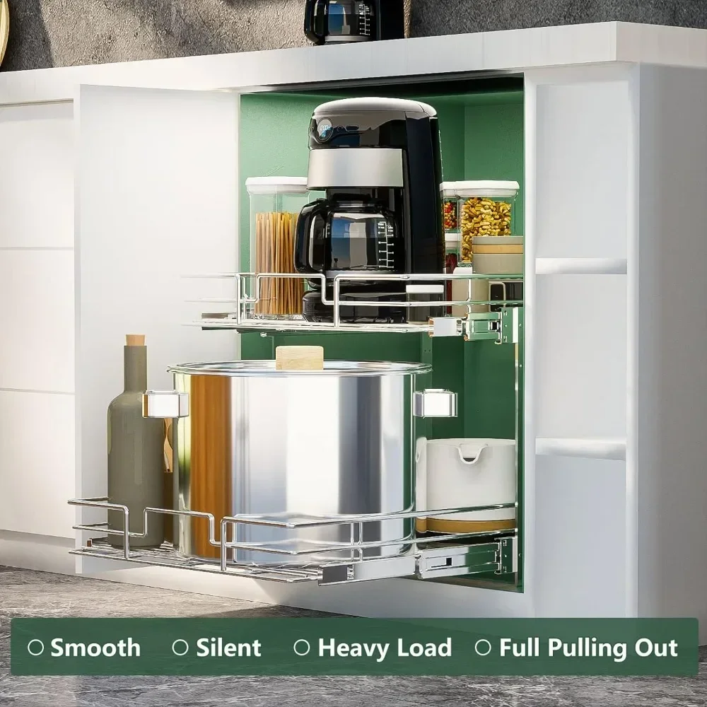 2 Tier Individual Pull Out Cabinet Organizer 14" W x 21" D, Slide Kitchen Storage Sliding Shelves easy install