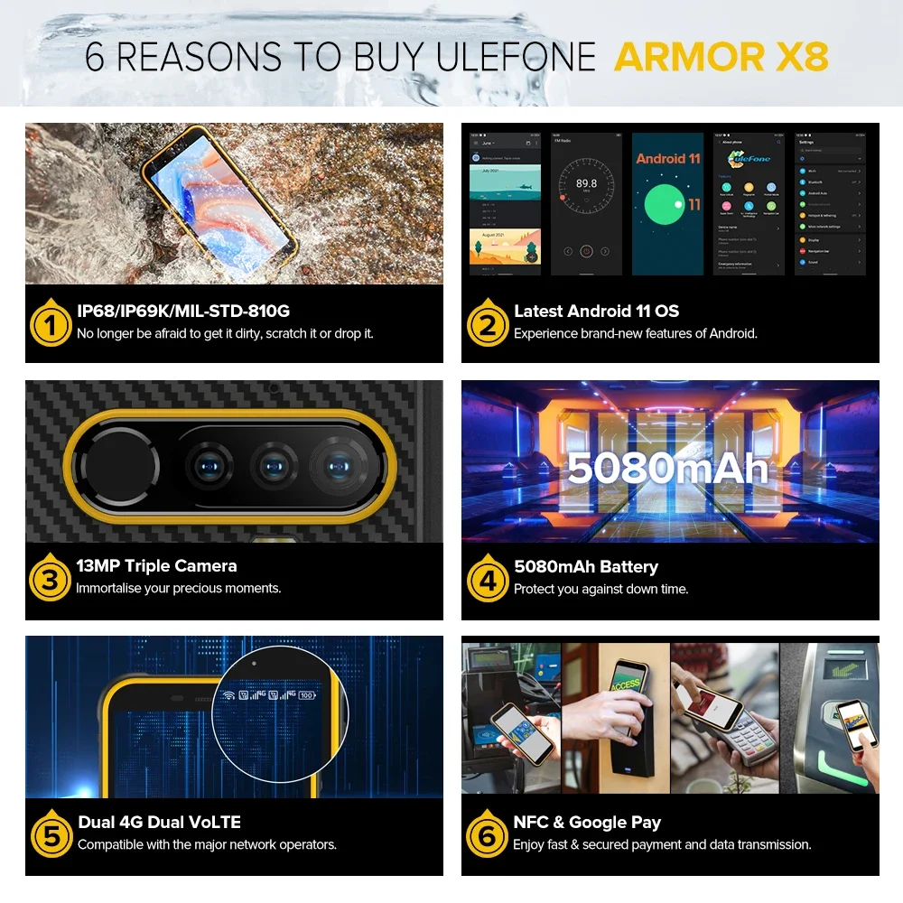 Ulefone Armor X8 Rugged Smartphone 5.7 Inch 4GB+64GB Waterproof Mobile Phone 5080mAh Android 11 IP68 4G Cell Phone Use All NFC