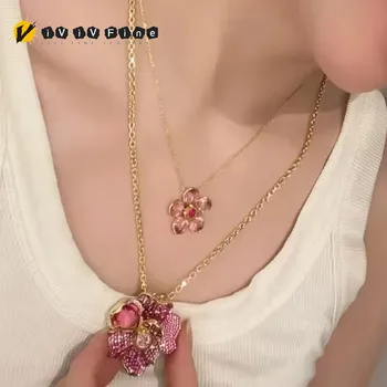 2025 Luxury Flower Collection Women's Jewelry Set Original Pink Cutting Crystal Necklace Earring Ring Bracelet Party Accessories 1