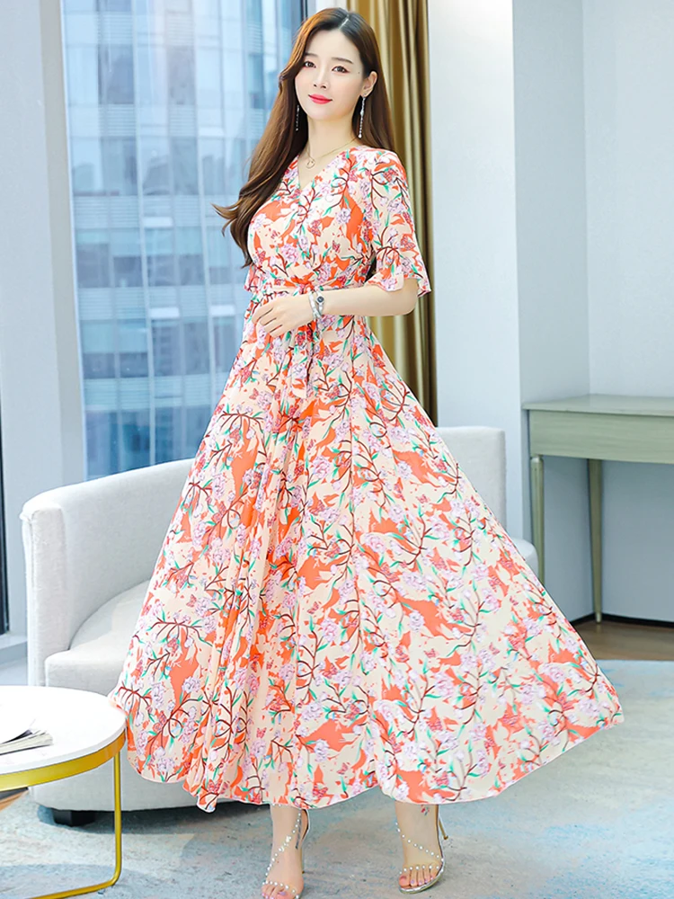 2023 Summer Women Clothes For Fashion Chiffon Maxi Elegant Casual Beach  Evening Dresses Korean Floral Long Party Bodycon Dress