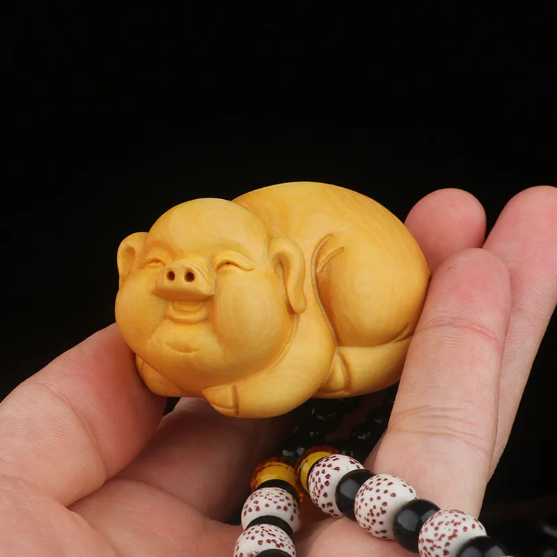 

6X4X3.4 CM Zodiac Pig Pendant Hand Carved Boxwood Figurine Carving Lucky Animal Netsuke Feng Shui Sculpture - #JM181