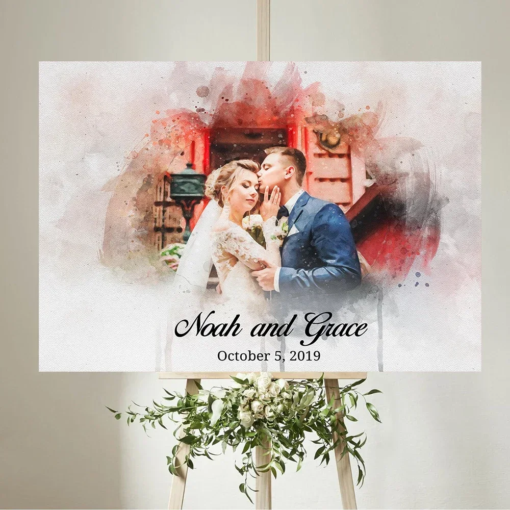 Watercolor Couple Portrait Poster Unique Wedding Welcome Sign Art Print Canvas Painting Wall Picture Welcoming Guests Decor acrylic wall decor acrylic party decor wedding poster