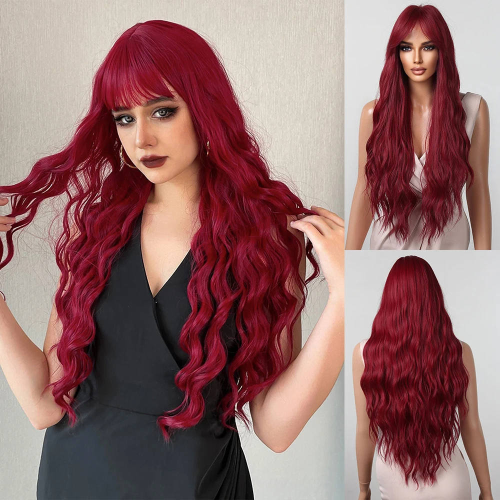 

Long Loose Curly Wave Synthetic Wigs Bangs Wine Burgundy Red with Natural Water Wavy Wig for Black Women Cosplay Heat Resistant