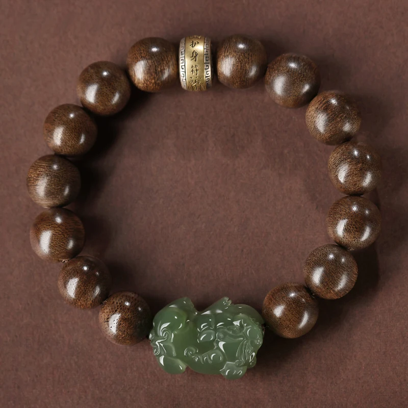 

Bracelet NaturalMaterial Solid Wood Men's and Women's Same round Beads Lucky Hetian Jade Hand Carved Vintage FashionChineseStyle