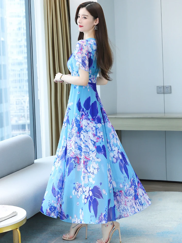 TrendAura Blue Silk Chiffon Summer Dress With Original Floral Sequin Motif For Elegant Women main image 1