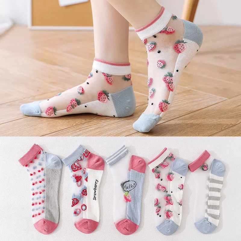 

Fashion 5 Pairs of Female Socks Cute Transparent Crystal Socks Summer Thin Cotton Socks Spring Autumn Ins Tide Glass Silk Boat