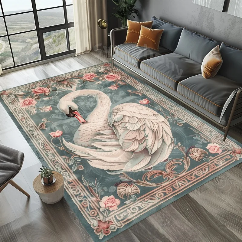 Rustic Swan Rug Colorful Swan Carpet Traditional Rug Farmhouse Decorative Rugs Washable Rugs Balcony Corridor Anti-slip Mat