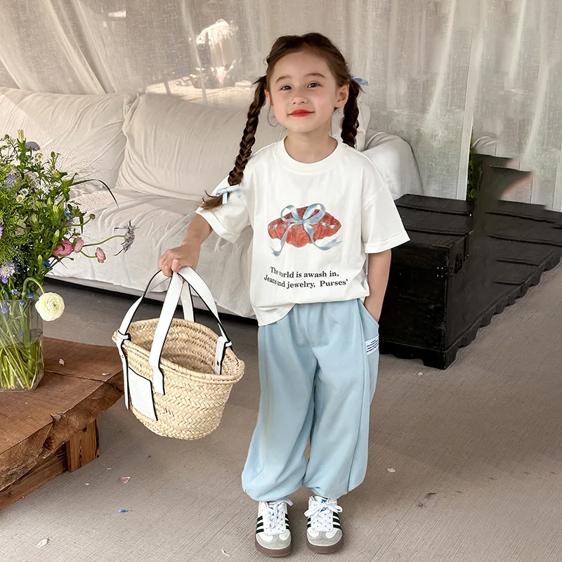 

2024 New Summer Fashion Kids Printed Cute Croissant Pattern T-shirt Girls Korean Style Bow Short-sleeved Boutique Clothing