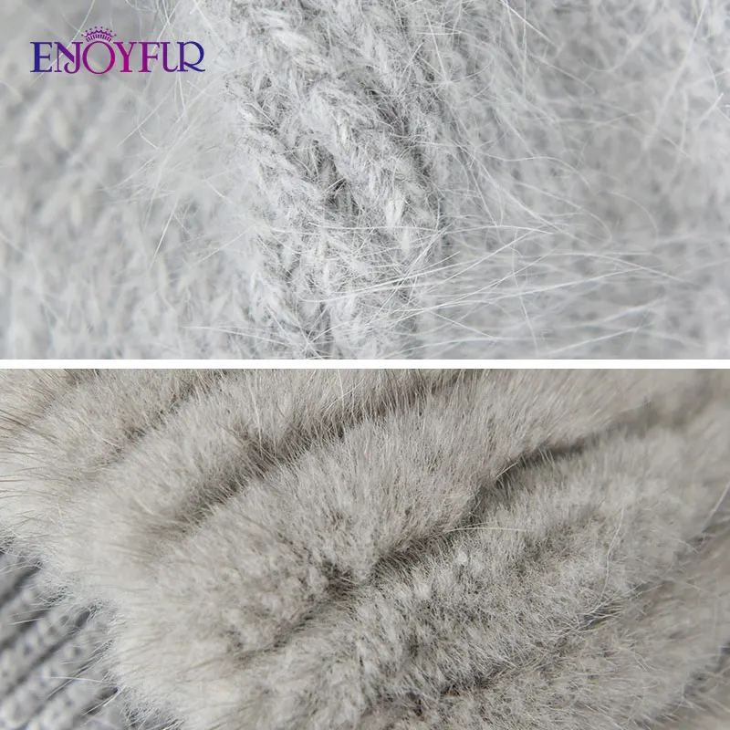 ENJOYFUR Women Winter Angora Hats With Real Mink Fur Knit Brim Female Thick Warm High Quality Mink Fur Knitted Hats 5