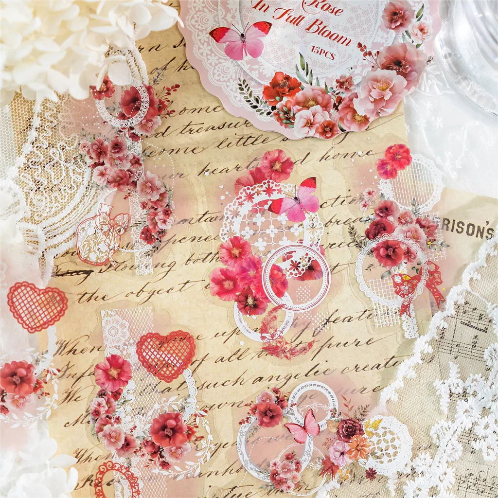 Flower Stickers Lace Border Sticker PET Decorative Stickers Diary Scrapbooking Material Deco Album Stationery Sticker 15pcs Stickers Scrapbooking Supplies