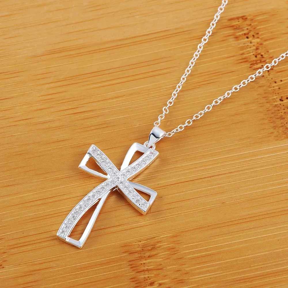 45cm 925 sterling silver necklace charm for women cyrstal Cross pendant chain jewelry fashion cute wedding party pendant necklace,silver necklace,silver necklace charms