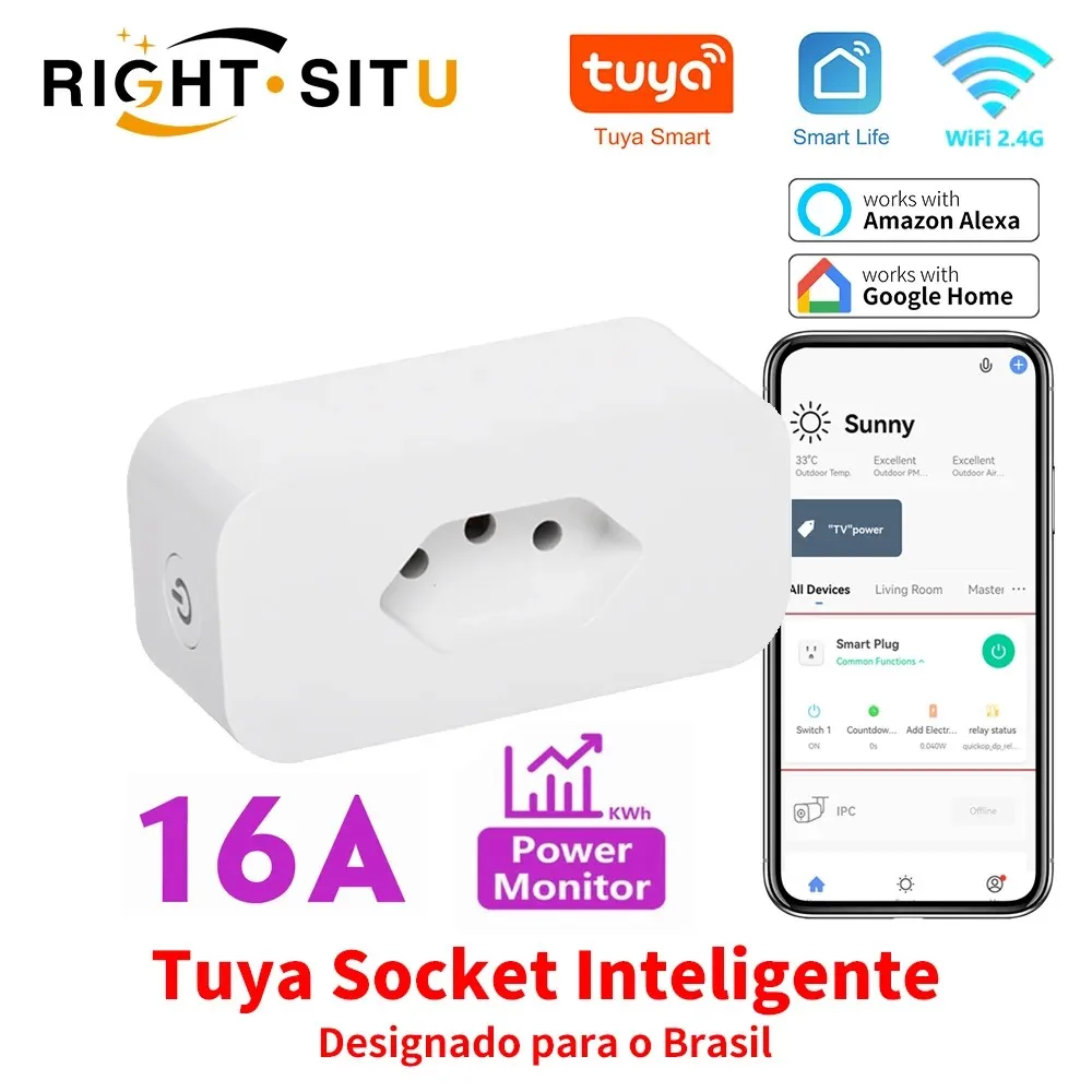Smart Plug Tuya EWeLink 16A Brazil Standard WiFi Smart Plug With Power Monitor Smart Life APP Socket Voice Work For Google Home Alexa
