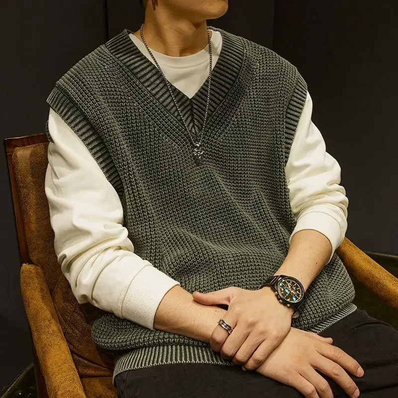 Knitted Sweaters for Men Vest Plain Waistcoat Man Clothes Solid Color Motorcycle Sleeveless Heated Cheap Mode Overfit Cigaret S