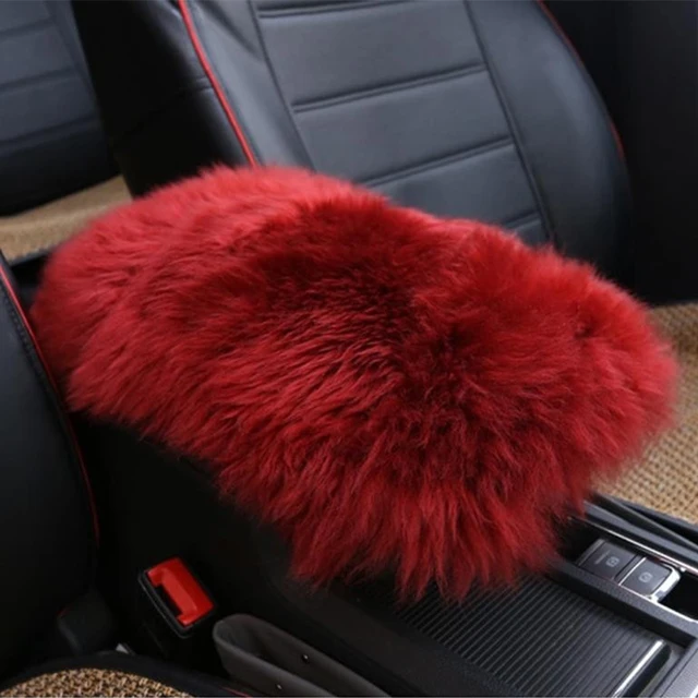 Car Plush Armrest Cover Faux Fur Auto Center Arm Rest Console Pad Wool Cushion Protector Universal for SUV/Truck/Car Wine red