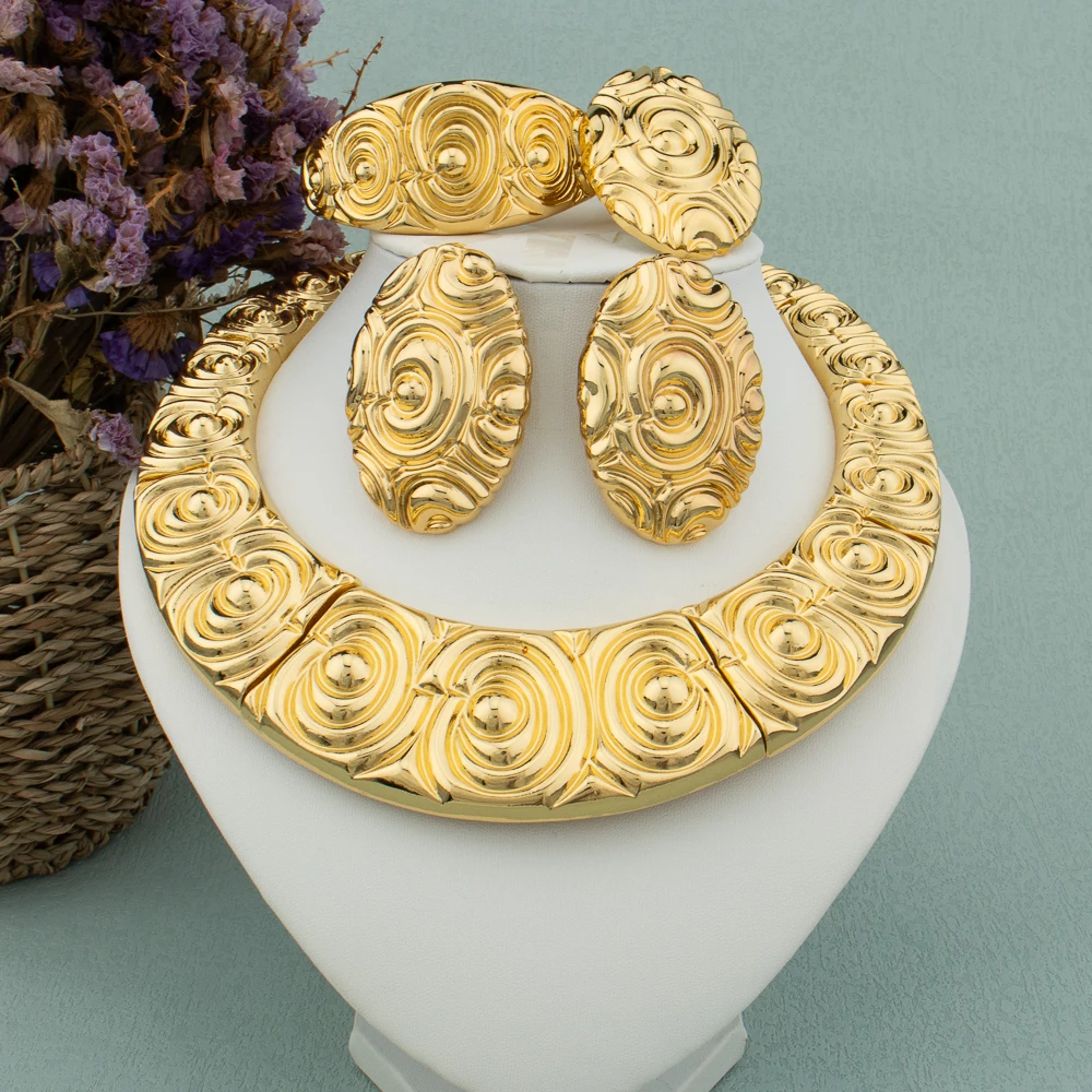 

Large Jewelry Sets for Women Girl Turkish Necklace Dubai Round Earrings Copper Bracelet Ring for Luxury Wedding Bride Jewelry