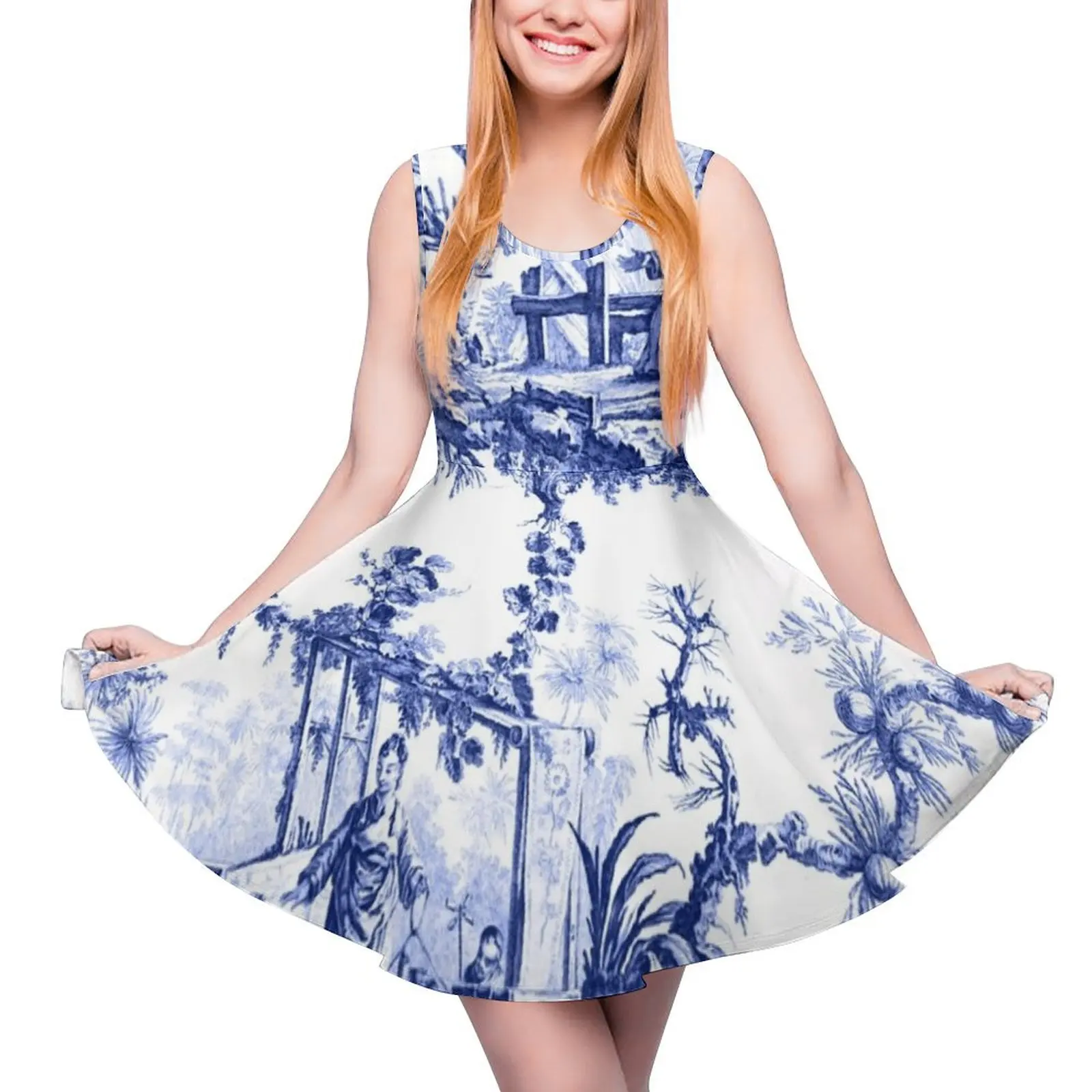 

Blue Chinoiserie Toile Round Neck Dress clothes for woman Women long dress