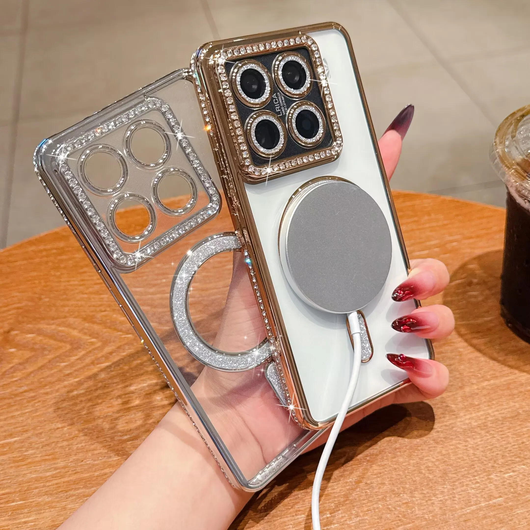 Crystal Clear Bling Magnetic Wireless Charging Phone Case with Lens Film Cover