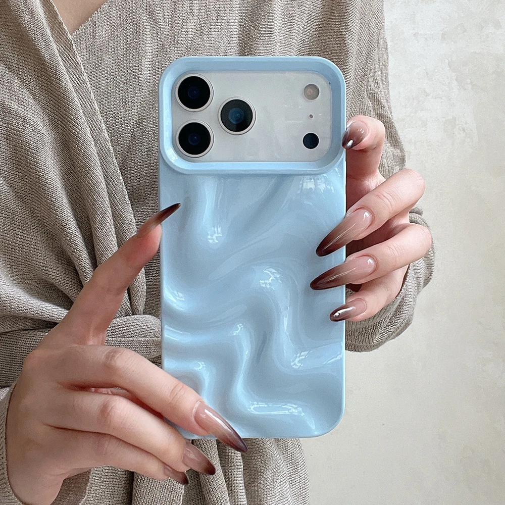 Glänzende, einfarbige 3D-Handyhülle mit Wasserwellenmuster für iPhone 17, Air 16, 15, 14, 13, Pro Max, stoßfeste, weiche Rückseite – Detail 4