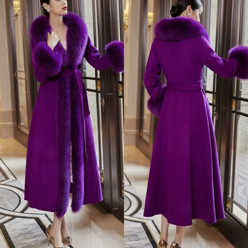 Mink Coat Women's Long Cashmere Jacket Winter Fox Fur Collar Extra Thick Parkas Woolen Overcoat Tiktok New Imitation Fur Outwear