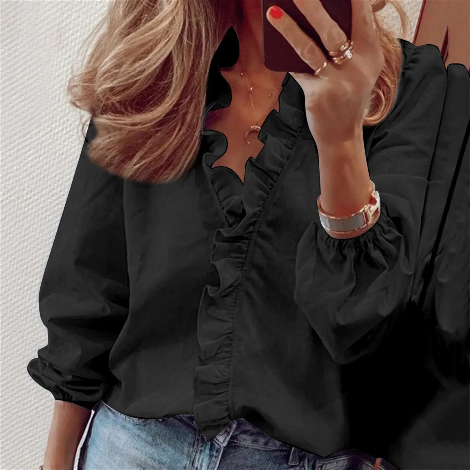 2024 New European and American Long Sleeved Ruffled Shirt for Women's Shirts in Spring and Summer Womens Tops Shirts