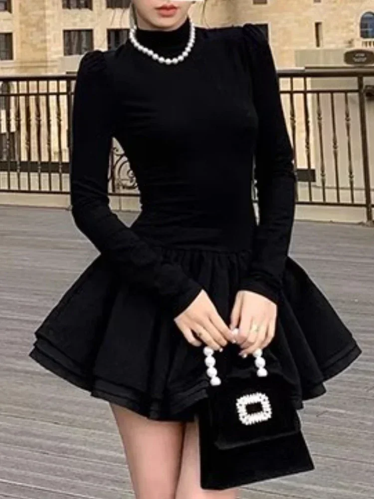 Winter Hepburn Elegant One Piece Dress Women Patchwork Black