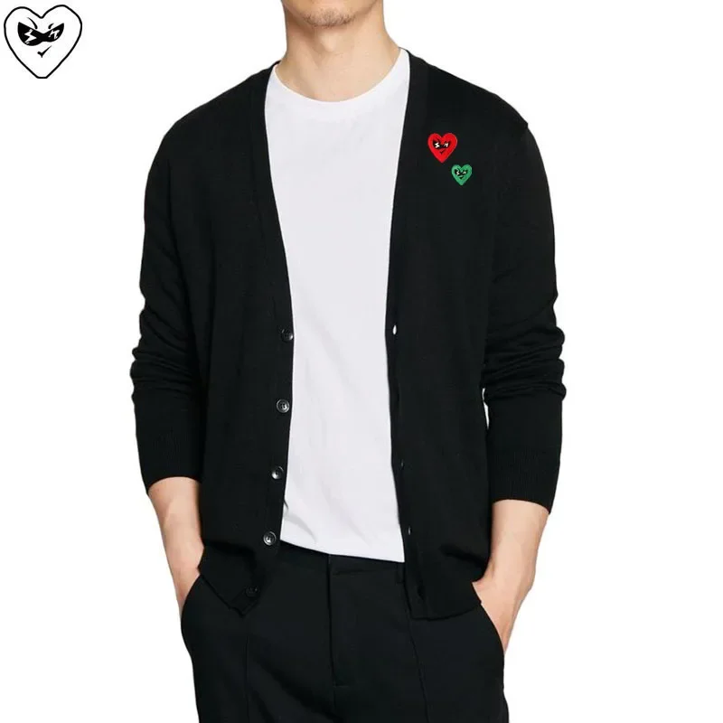 Break Egg Men Cardigan Cotton Color Double Big Small Heart Glasses Embroidery V-neck Single-breasted Spring Casual Sweater