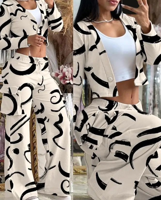 

Elegant Womens Two Piece Sets Outfit Abstract Print Buttoned Crop Top & Drawstring Pants Set 2023 Autumn Spring Fashion Casual