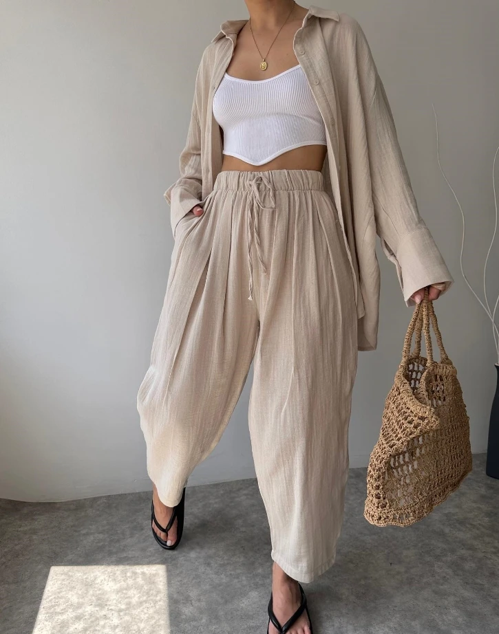 Lapel Long Sleeve Shirt High Waist Drawstring Pants Casual Set Latest 2023 Fashion Women's Hot Selling Monochrome Loose Fit