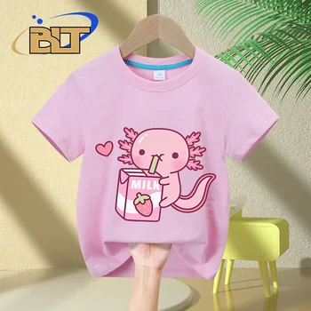 Cute Axolotl Loves Strawberry Milk Doodle printed kids T-shirt summer pure cotton short-sleeved casual tops for boys and girls 1