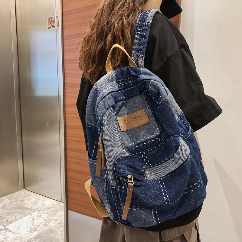 

New Washed Denim Patch Women Backpack Trendy Cool College Backpack Large Capacity Men Female Laptop School Bags Travel Book Bag