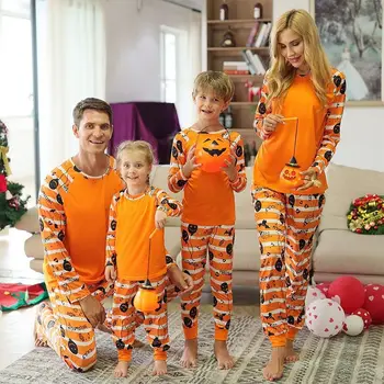 2022 New Halloween Family Pajamas Fashion Grimace Pattern  Family Matching Parent Child Suit Festival Home Orange Clothes 1