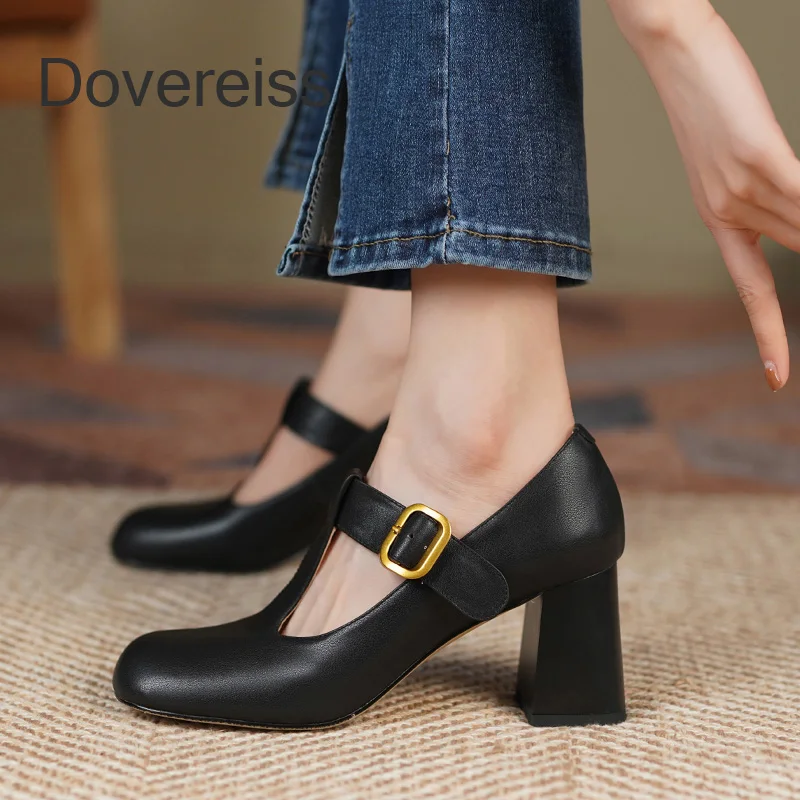 

2022 Summer Block Heels Women Genuine Leather Thick Heels Square Toe Chunky Heels Party Shoes Beige Pumps Ladies Shoes 33 40
