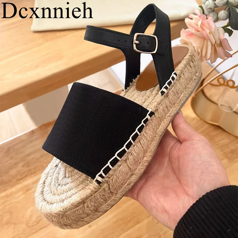 

Open Toe Canvas Solid Colors Thick Heels Sandalias Women Hemp rope weaving Platform Rome Sandals Summer Beach Vacation Shoes