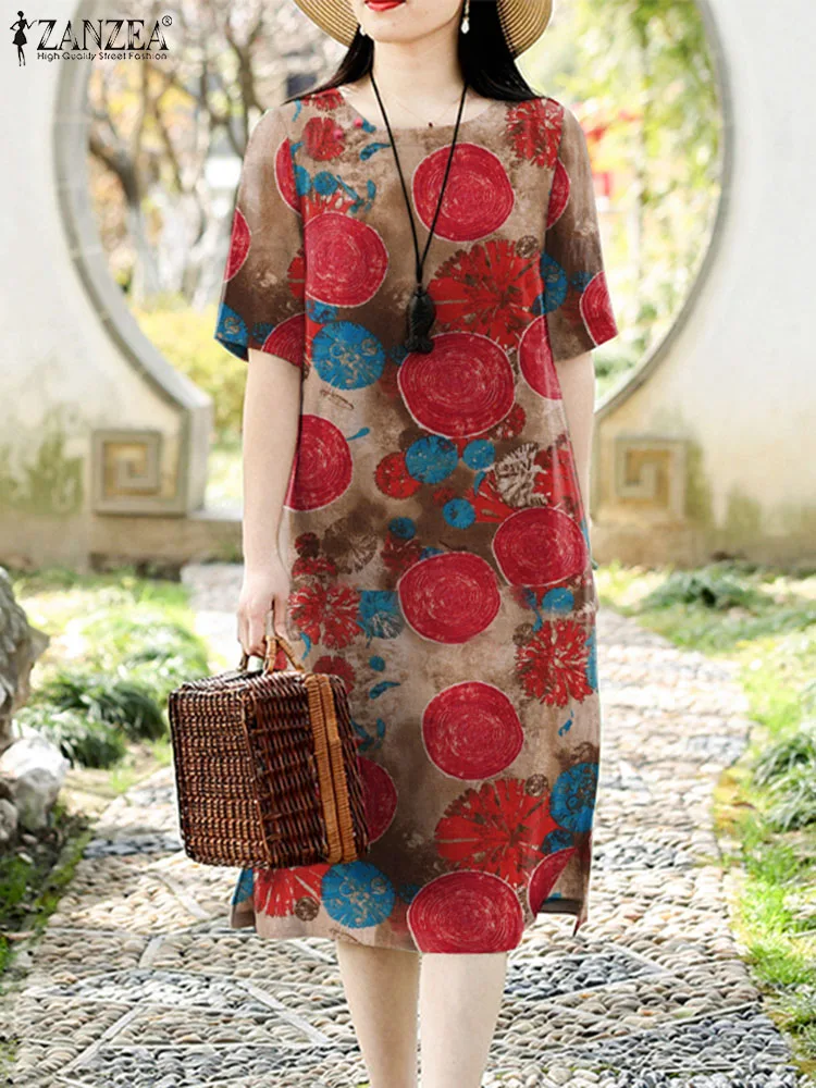 

Платье ZANZEA женское с цветочным принтом, Модный повседневный праздничный сарафан в богемном стиле, с коротким рукавом, с круглым вырезом, с разрезом на подоле, в винтажном стиле