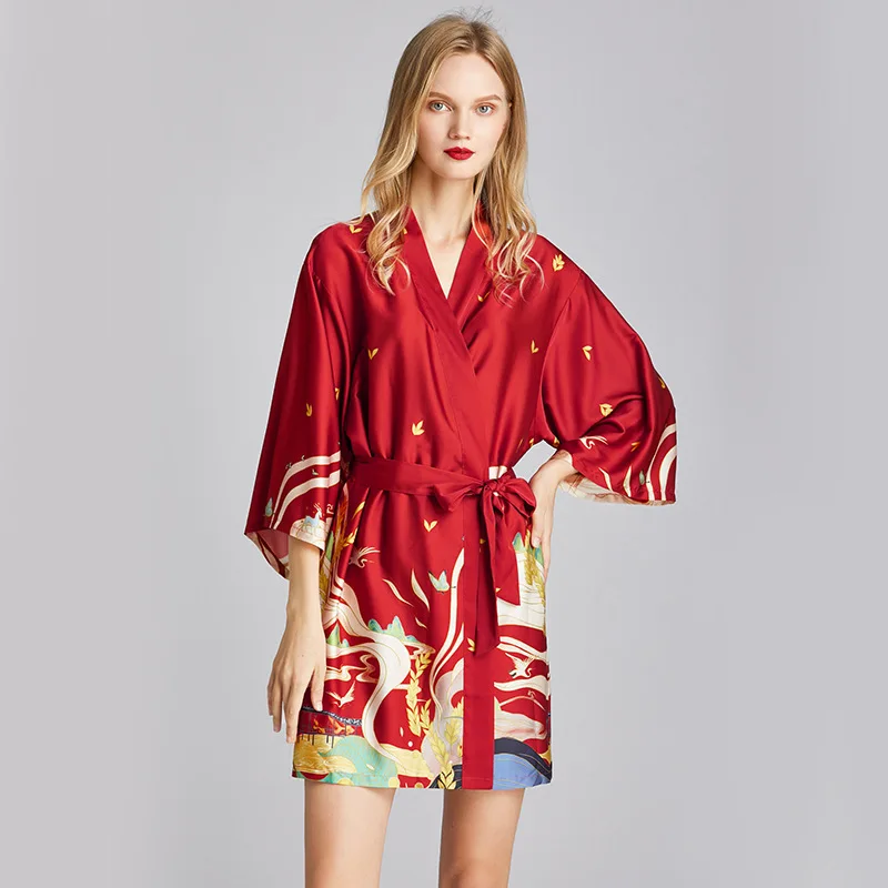 

Roseheart Fashion Red Lingerie Sleepwear Faux Silk Printed Nightwear Plus Size Woven Pajama Bathrobe Sexy Women Robes