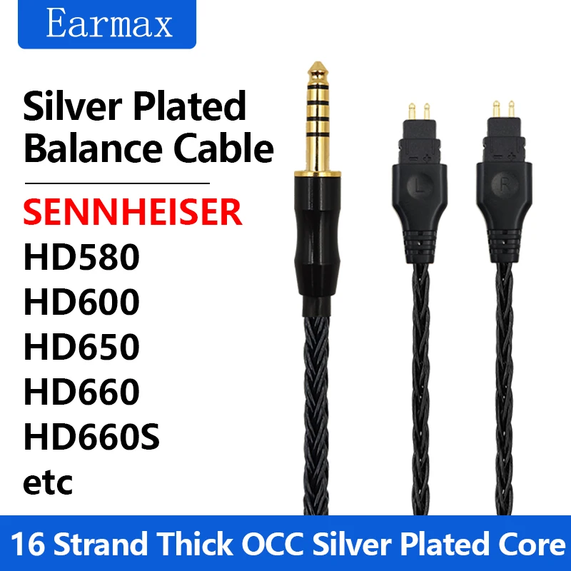 

For Sennheiser HD650 HD580 HD600 HD660 HD660S Replaceable Headsets 16 Strand 2.5mm 4.4mm Black Balanced OCC Silver Plated Cable