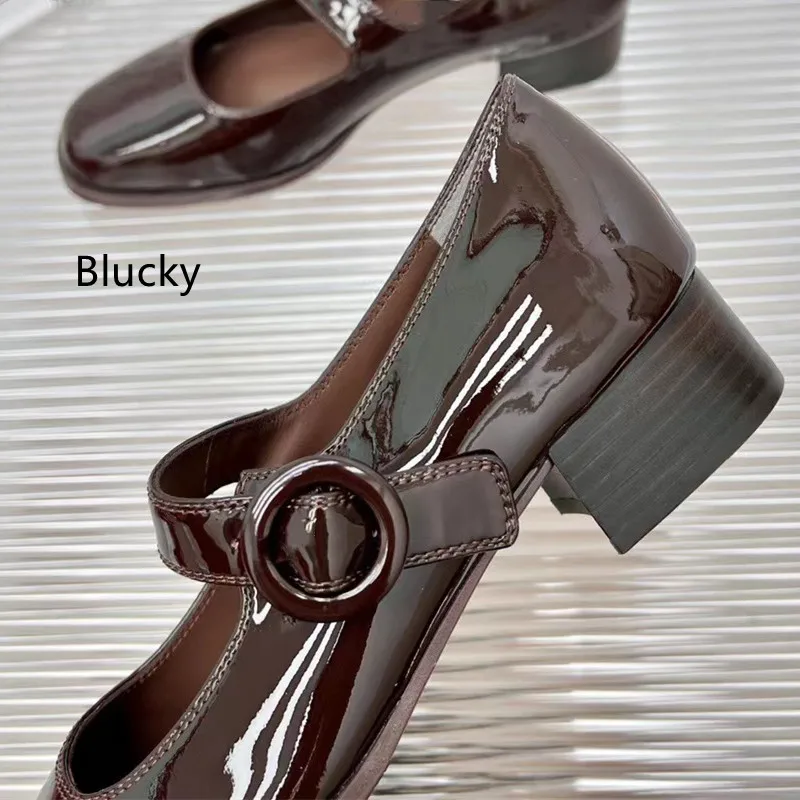 Women's flat bottomed thick soled Mary Jane shoes Women's round head solid double button design casual leather shoes