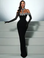 Summer Bandage Dress 2025 Women Celebrity Sexy Diamonds Crystal Black Maxi Long Bodycon Elegant Evening Club Party Dress - Image 3
