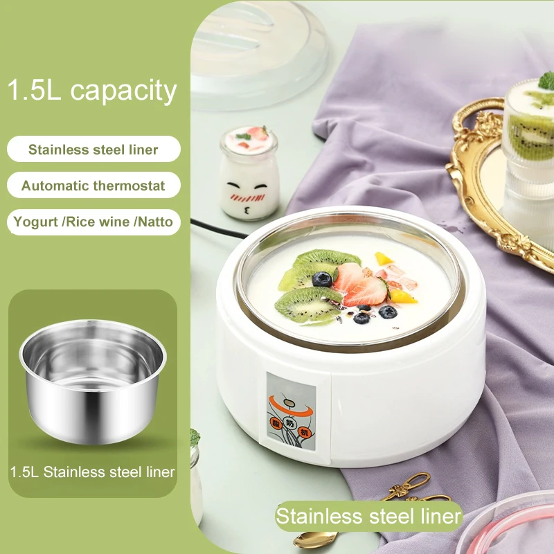 DMWD-Totalmente Automático Yogurt Maker, forro de aço inoxidável 1.5L, enzima termostática do vinho do arroz Natto Fermentador com copo de vidro selado