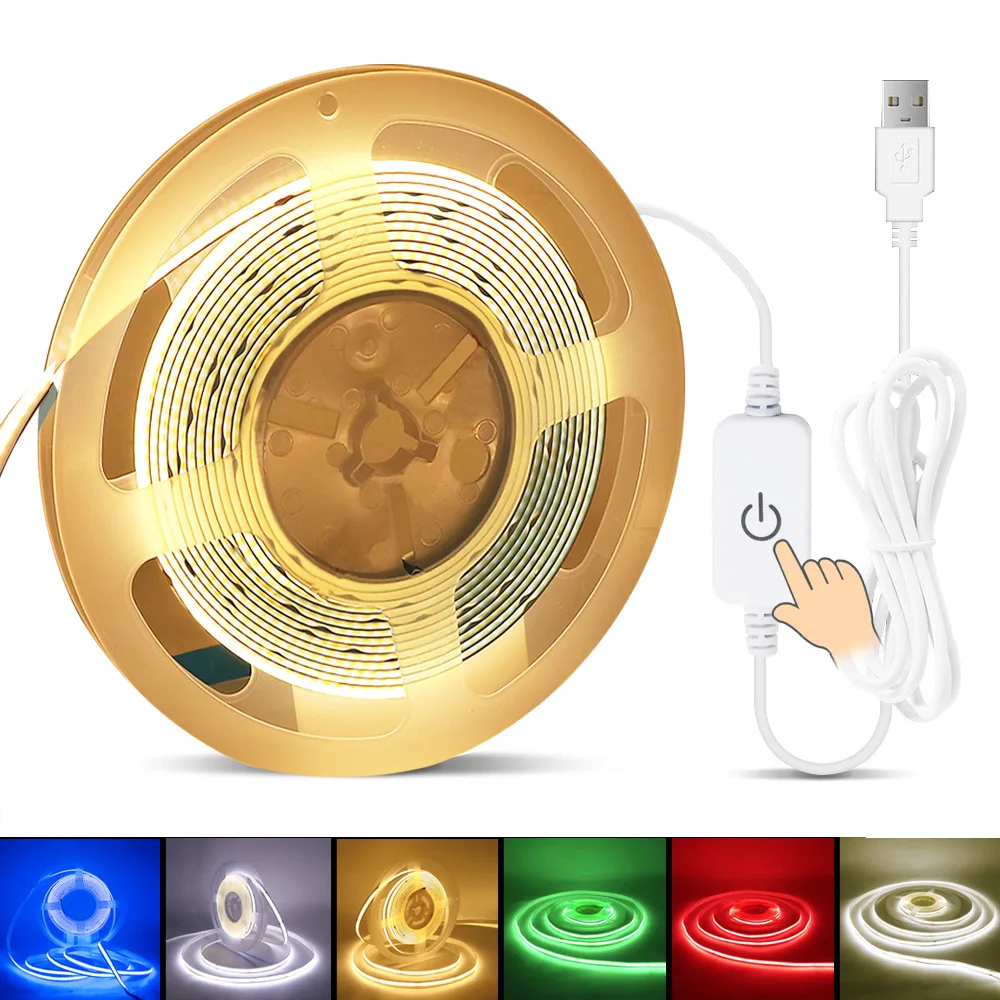 

360leds/M COB LED Strip Light USB 5V Touch Dimmer Switch LED Tape For Bedroom Kitchen Cabinet Bathroom Mirror Night Lighting