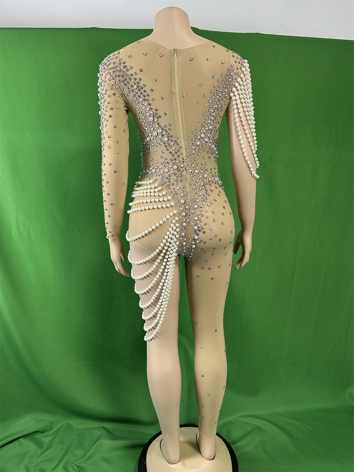 Women Sexy See Through Rhinestone Pearl Single Shoulder DJ