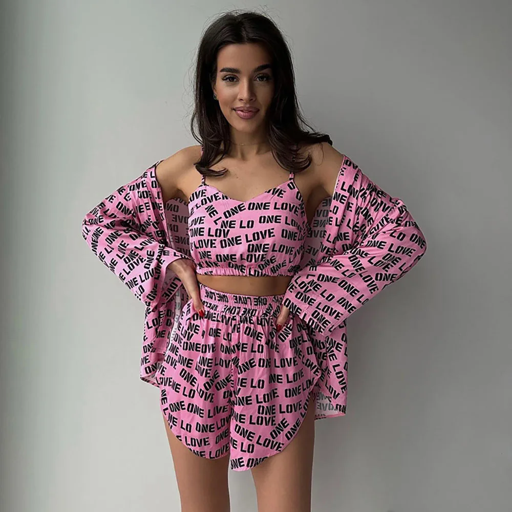Occident New Fashion Cardigan Printed Women's Nightgown Spring Summer Casual Long Sleeve+Underwear Suspenders+Shorts 3Pcs Pajama