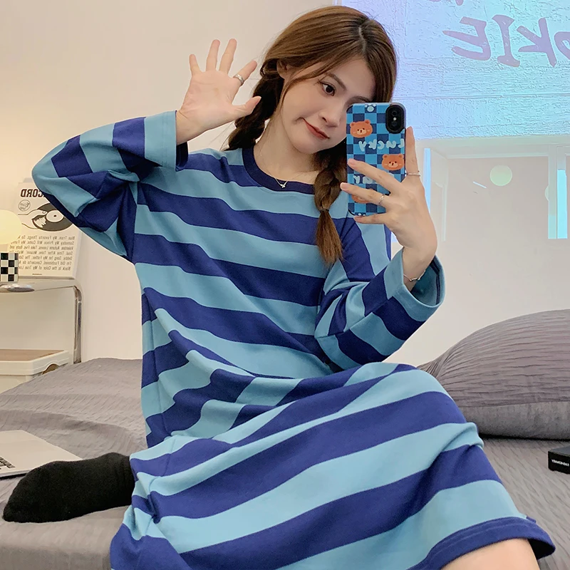 Autumn new knitted imitation cotton ladies long-sleeved long skirt striped cute sweet princess style casual nightdress home wear
