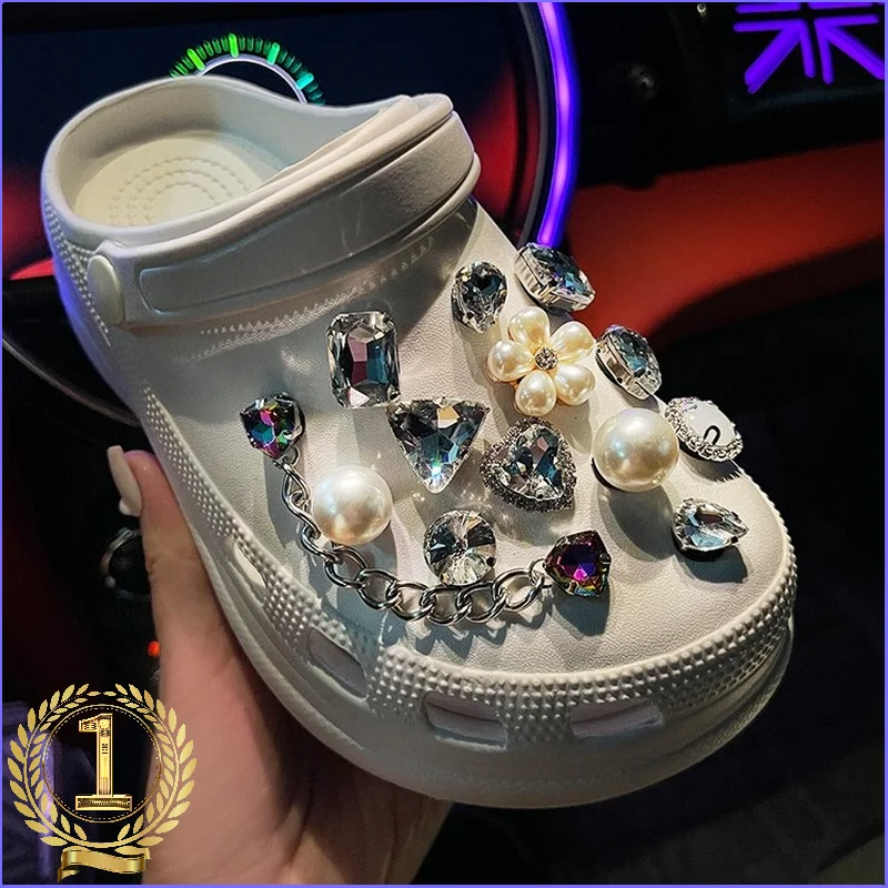 Luxury Brand Designer Gold Metal Shoe Accessories Fine Color Bling  Rhinestone Croc Charms Decaration for JIBZ Clog Girl Gift SHE