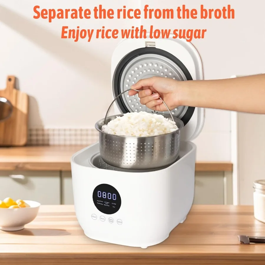 Small Low Carb Rice Cooker 6 Cup 3L Mini Low Sugar Rice Cooker with Steamer Basket 5 Cooking Functions Smart Starch Removing 8H