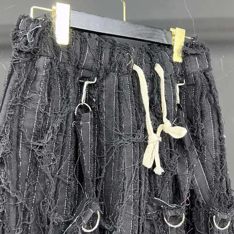 PFHQ Men's Rough Edge Denim Shorts Summer Elastic Waist Floating Rope Darkwear Advanced Personality Design 21Z5020